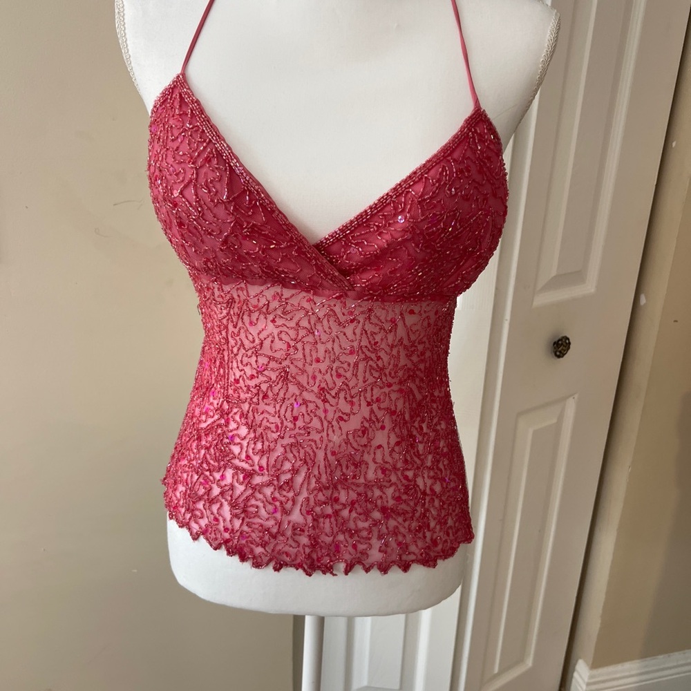 Sexy Pink Beaded Lace Haler Top - Picture 3 of 7